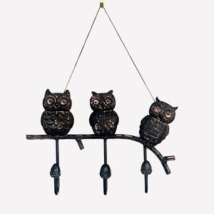 VTG Metal Brown Owls Acorns Coat Hook Hanger Wall 3 Hook Rustic Cabin Decor